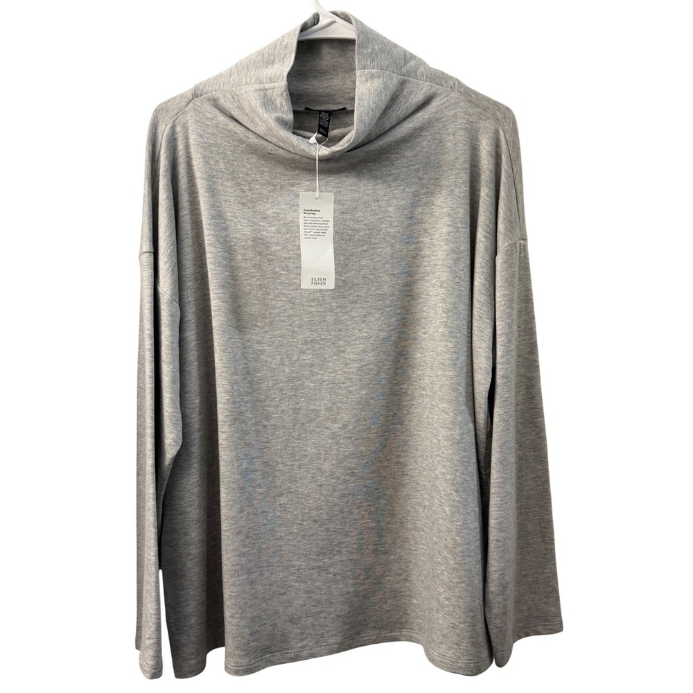 Eileen Fisher Funnel Neck Box Top Heather Grey Tencel Organic Cotton Large NEW